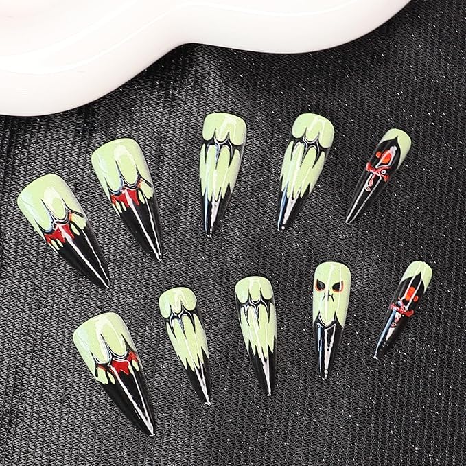 Cute Ghost Press on Nails - Halloween Fake Nails with Black Bat Nail Tip Designs | 3D Long Stiletto False Nail,Reusable Stick on Nail for Women Girls | 12Size - 24Pcs with Jelly Glue