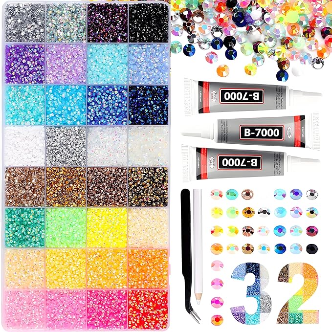 2026 New Resin Jelly Rhinestones for Bedazzling for Crafting Nails Face Makeup Crafts Tumblers,3mm Flatback Gems with Glue for DIY Crafts, Nail Art,Shoes,Clothing Decoration (32 Colors & 32000pcs)