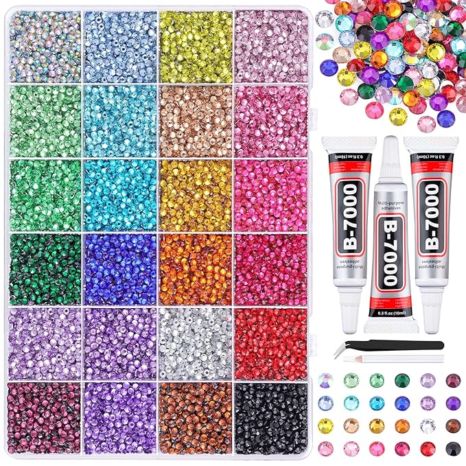 24000Pcs Resin Rhinestones for Bedazzling with Tweezers, Multicolor 3mm Rhinestones for Crafting with 3Pcs 10ml B7000 Jewelry Glue for DIY Crafts Clothing Tumblers Shoes Fabric Nail Art
