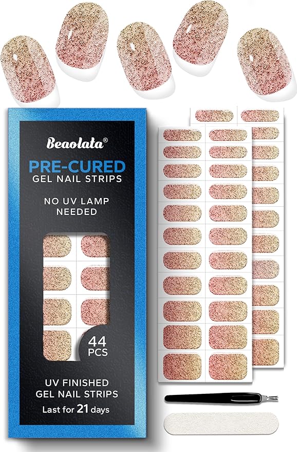 Real Gel Nail Strips (No UV Light Needed) - 44Pcs Salon Quality Nail Stickers - Long Lasting Polish Wraps for Women, Easy Apply & Remove (Pink Haze)