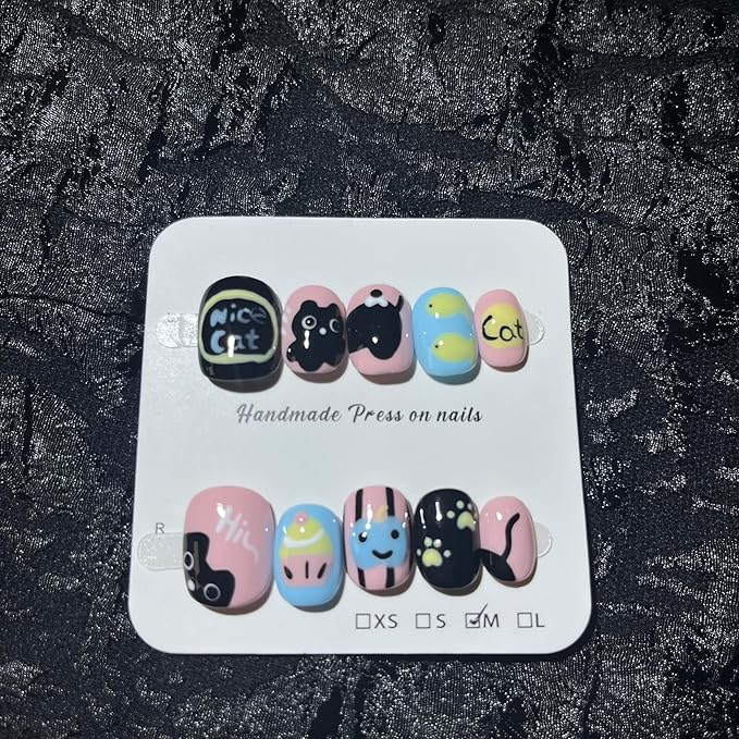 Short Press on Nails Handmade Nails 10Pcs Cute Style Manual Nail Art Black Cat Fake Nails for Women Party Holiday Photo 2.5CM Size S