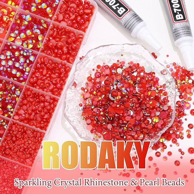 RODAKY Red Rhinestone Resin Flatback Gems AB Jelly Rhinestones for Bedazling Valentine's Day Crafting 2Pcs 10ml B7000 Jewelry Glues Tweezers Dotting Pen Clothing Shoes Nail Art
