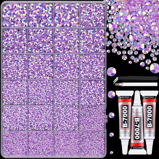 25000Pcs Resin Jelly Rhinestones with Tweezers for Crafting, Lavender Purple AB Flatback Gems, Bedazzling Crystal with 3Pcs 10ml B7000 Jewelry Glue for DIY Crafts Clothing Tumblers Shoes Nail Art