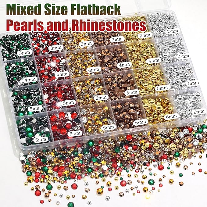 RODAKY 9000PCS Green Red Resin Rhinestones Bedazzling Gems for Craft Gold Silver Flatback Pearls with 2pcs 10ml B7000 Jewelry Glues Tweezers Dotting Pen Christmas Bedazzler Kit