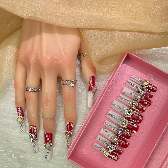2025 Long Handmade Manicure Reusable Press-on Nails Mixed White and Red Fake Nails with Heart Gifts for Women (White & Dark Red, Medium)