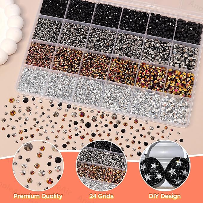 26000PCS Black Gold Silver Resin Flatback Rhinestones for Crafting, Gold Silver Black Resin Rhinestones for Bedazzling Kit, 2/3/4/5/6mm Flatback Gems Jewels for DIY Mugs Tumblers Clothing Shoes