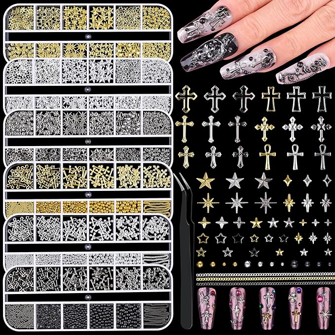 6 Boxes 3D Metal Nail Art Charms, Gold Silver Black Star Cross Nail Studs Metallic Caviar Beads for Nails Design Y2K Charms Punk Nail Chains Nail Decorations with Tweezers for DIY Manicure Supplies