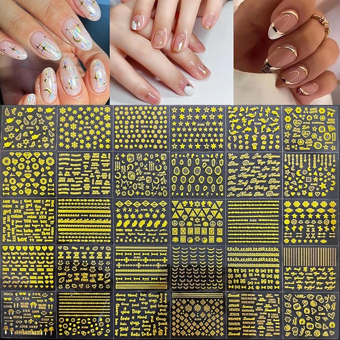 90 Sheets Gold Nail Art Stickers: Star Heart Flower Line, 3D Self-Adhesive Nail Decals for Women's Nail Decoration with Tweezer