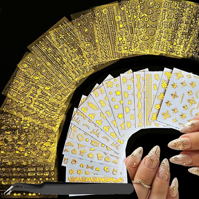 60 Sheets Gold Nail Stickers for Nail Art Gold Nail Art Stickers Decals More Than 2000 Design 3D Self-Adhesive Golden Nail Decals for Women Girls Salon Home DIY Manicure Nail Tweezers Included
