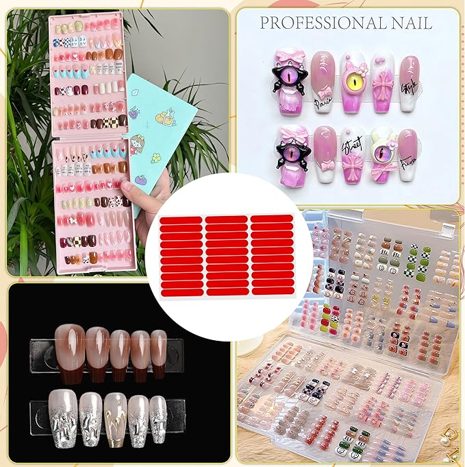 12 Sheets Double Sided Nail Tape for Press on Nails, Clear Adhesive Mounting Tapes for Nail Packaging Nail Design Salon Supplies Colors Designs Showcase (Red)