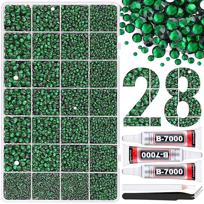 30000Pcs Resin Rhinestones for Bedazzling with 3Pcs B7000 Jewelry Glue, Emerald Green Flatback Gems Rhinestones for Crafting, Clothing Tumblers Mugs Shoes Fabric Decor Nail Art