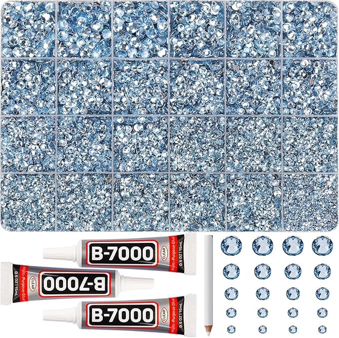 31000Pcs Light Blue Resin Rhinestones for Bedazzling, 2-6mm Mixed Sizes Flatback Bedazzle Kit, Bedazzled Flat Back Gems Jewels Diamonds Gemstones Crystal with Glue for Crafting Clothes Crafts
