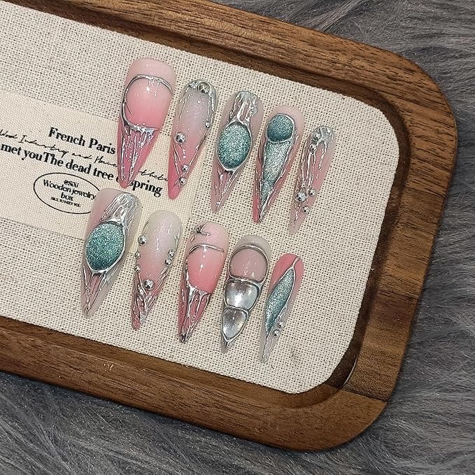 Long Stiletto Press on Nails,Pink-Silver Holographic Gradient Hand-Painted Moons Fake Nails with 10pcs Tools,3D Cat Eye Glitter False Nails,Edgy Meteors Design Sweet-Edge Metal Nails(L)