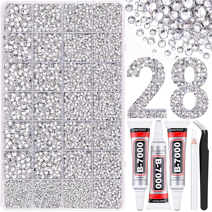 30000Pcs Resin Rhinestones for Bedazzling with Tweezers, Clear Rhinestones for Crafting with 3Pcs 10ml B7000 Jewelry Glue for DIY Crafts Clothing Tumblers Shoes Fabric Nail Art
