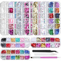 10 Boxes Holographic Nail Glitter Sequins Kit,Mixed Shape Iridescent Laser Butterfly Heart Star Maple Leaf Cherry Blossoms Sakura Petal Nail Art Flakes with Tweezers & Dotting Tools for Nail Craft