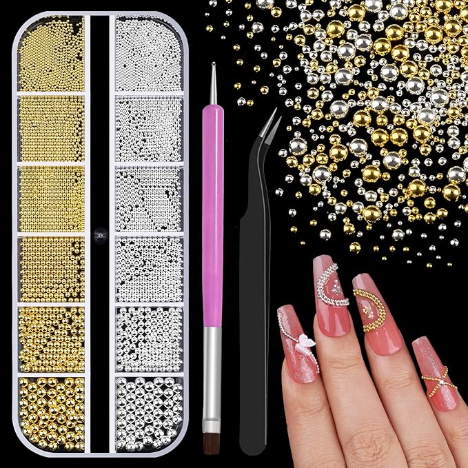 3D Mini Small Metal Stainless Steel Caviar Nail Beads Balls, 0.8-3mm Gold Silver Alloy Nail Art Chain Charms Studs with Tweezers and Dual-end Brush (1-K1-metal-beads)