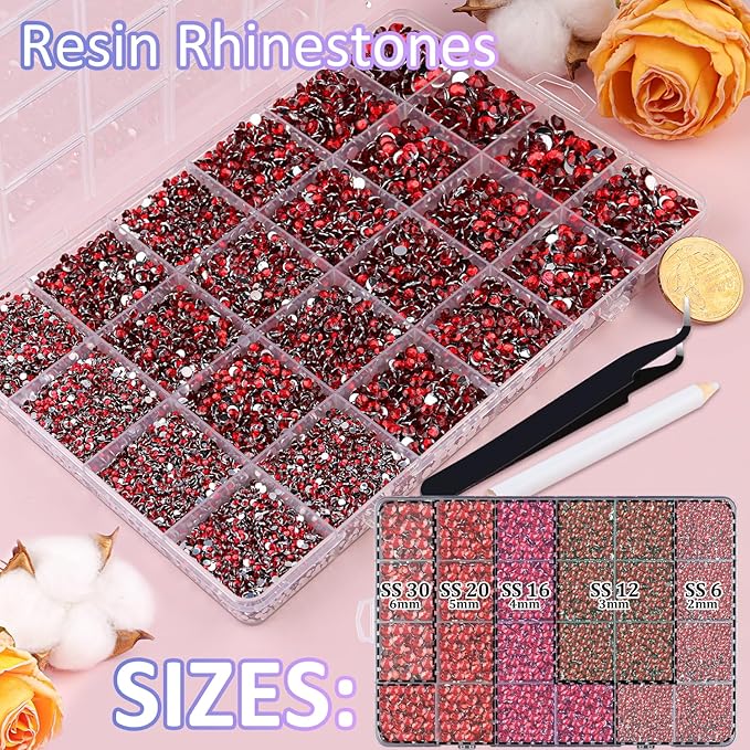 32000Pcs Resin Rhinestones with Tweezers for Crafting, Red Flatback Gems, Bedazzling Crystal with 3Pcs 10ml B7000 Jewelry Glue for DIY Crafts Clothing Tumblers Shoes Fabric Nail Art