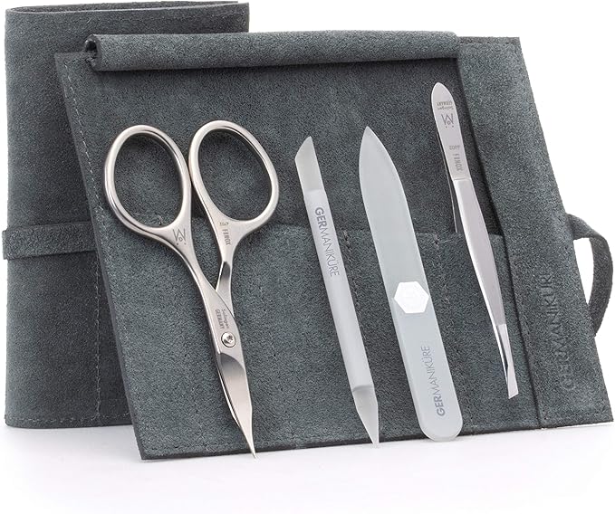 GERMANIKURE 4pc Mini Professional Manicure Set in Light Gray Suede Case - FINOX Stainless Steel Tools Made in Solingen Germany, Glass Nail Care Supplies Made in Czech Republic