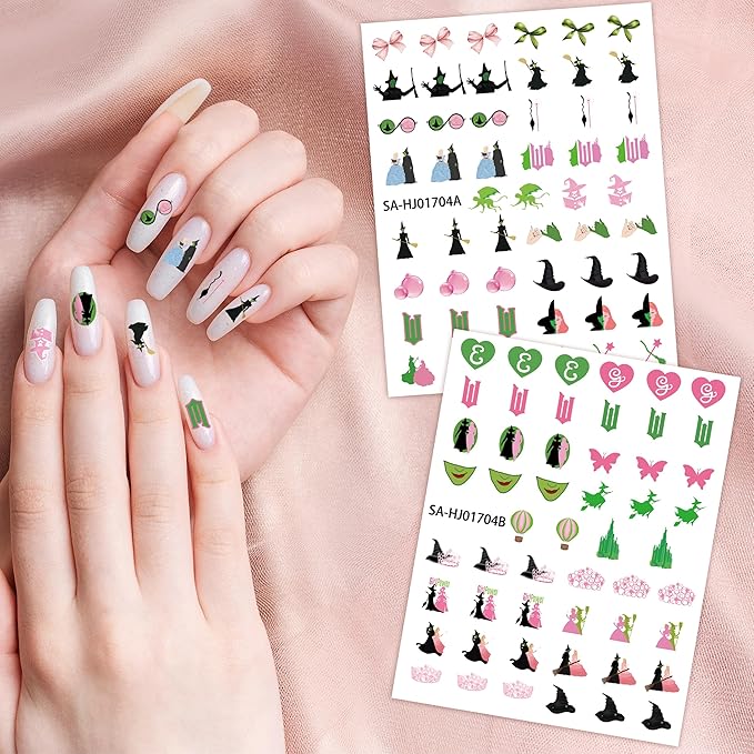Witch Witchy Nail Stickers - 8 Sheets Pink and Green Witch Hat Crown Bow 3D Nail Art Stickers Musical DIY Finger Decals for Girls Manicure Decoration Halloween Party Favor Manicure Accessory