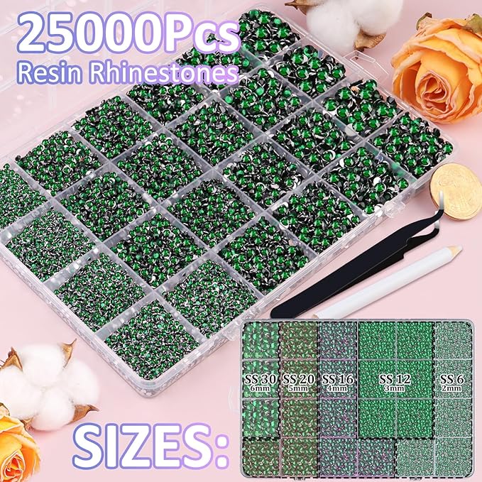 25000Pcs Resin Rhinestones for Crafting, Emerald Green 2-6mm Mixed Sizes Non Hotfix Flatback Gems, Bedazzling Crystal for DIY Crafts Clothing Tumblers Mugs Shoes Fabric Nail Art
