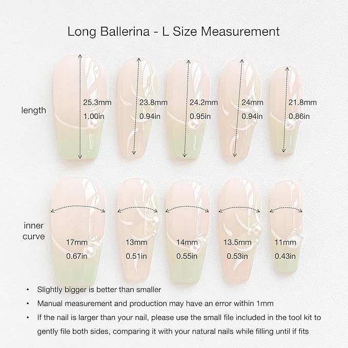 Long Ballerina Press On Nails, Pearl-Decorated Pink and Green French Tips, Handmade False Nail 10 Pieces (Large,LB)