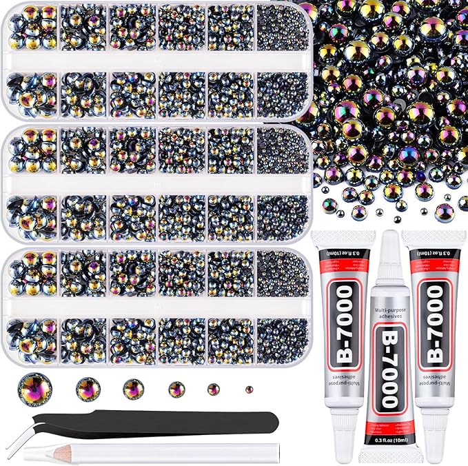 Flatback Pearls for Crafting with 3Pcs 10ml B7000 Jewelry Glue, 3 Boxes of Half Round Black AB Pearls, Bedazzling Beads for DIY Crafts Clothing Tumblers Shoes Embellishment Nail Art