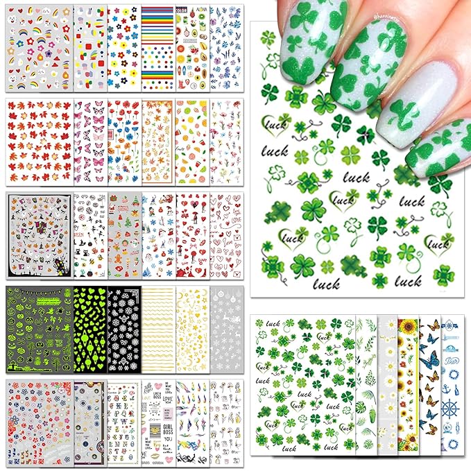 36 Sheets Varied Nail Art Stickers, All Holiday Variety Pack Seasonal Nail Decals, Self-Adhesive Pegatinas Uñas Colorful Design for Flowers Butterflies Luminous Star Halloween Christmas