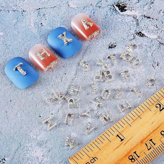 Maitys 104 Pieces Letter Nail Silver Studs 3D Capital Charms Letters and Rhinestone Crystal Nail Decals English Alphabet Fingernail Art Decoration for Women Female DIY Fingernail Art