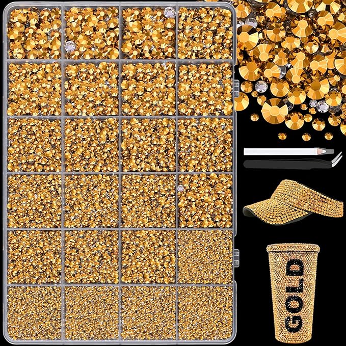 25000Pcs Resin Jelly Rhinestones with Tweezers for Crafting, 2-6mm Mixed Sizes (Copper Gold) Non Hotfix Flatback Gems, Bedazzling Crystal for DIY Crafts Clothing Tumblers Mugs Shoes Nail Art