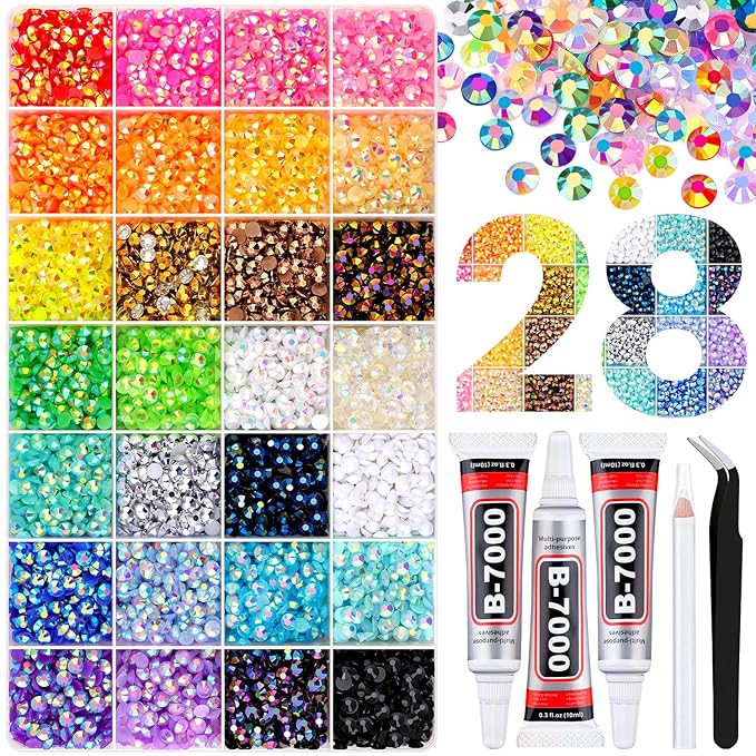 8500Pcs Resin Rhinestones with Tweezers for Crafting, Mixed-Color 5mm Bedazzling Crystal with 3Pcs 10ml B7000 Jewelry Glue for DIY Crafts Clothing Tumblers Shoes Fabric Nail Art