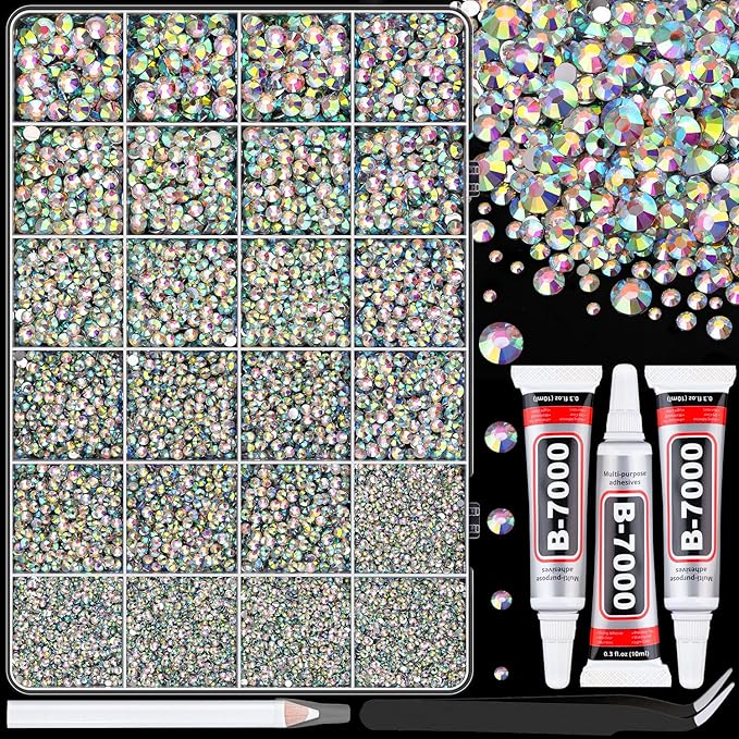 25000Pcs Resin Rhinestones with Tweezers for Bedazzling, AB 2-6mm Mixed Sizes Crystal with 3Pcs 10ml B7000 Jewelry Glue for Nail Art Makeup