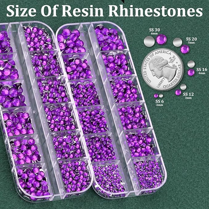 Resin Rhinestones for Crafting with B7000 Jewelry Glue, 2 Boxes Dark Violet Flatback Crystals with 3Pcs 10ml Glue for Bedazzling Crafts Nail Art Makeup, Non Hotfix Gems for Clothing Shoes