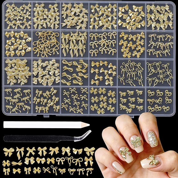 240 Pcs Gold Bow Nail Charms, Golden Bows Nail Art Studs for Acrylic Nails, 3D Alloy Bow Bowkont Nail Art Charms, Gold Bows Nail Art Charms Jewelry for Nails DIY Y2K