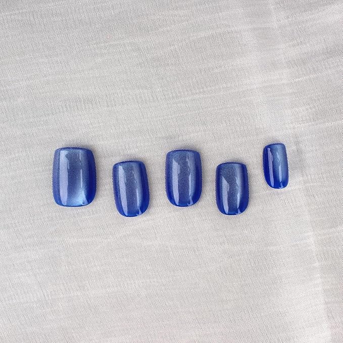 Blue Press on Nails Short Square Ice Blue Cat Eye Press on Nails Fashion Gel Fake Nails Reusable Acrylic Fake Nails Glossy Stick on Nails for Women Girls Gift Glue on Nails Kit