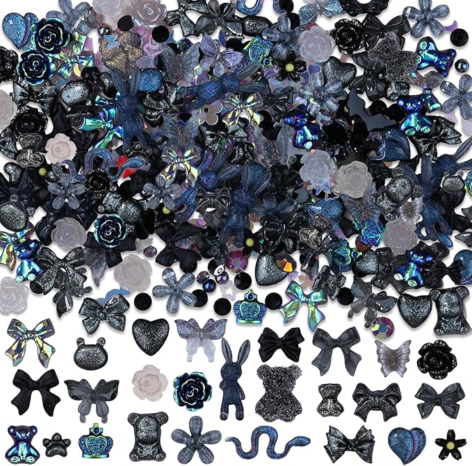 100 Pieces 3D Resin Butterfly Bear Nail Charms Rose Flower Peach Skirt Bow Deer Snake Rabbit Animal Shaped Nail Art Rhinestones Pearls for DIY Nail Art Decoration Making Craft (Black)