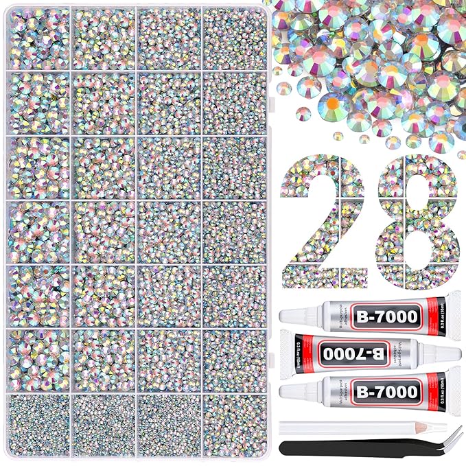30000Pcs Resin Rhinestones for Bedazzling with 3Pcs B7000 Jewelry Glue, AB Flatback Gems Rhinestones for Crafting, Clothing Tumblers Mugs Shoes Fabric Decor Nail Art