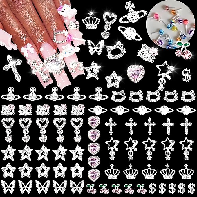 80Pcs Silver Nail Charms Set with Pink Hearts，Crosses, Stars,Butterflies, Dollars, Cherries, Crowns,Lollipop Y2k Nail Gems for Women Girls Nail Decorations DIY Craft