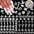 80Pcs Silver Nail Charms Set with Pink Hearts，Crosses, Stars,Butterflies, Dollars, Cherries, Crowns,Lollipop Y2k Nail Gems for Women Girls Nail Decorations DIY Craft