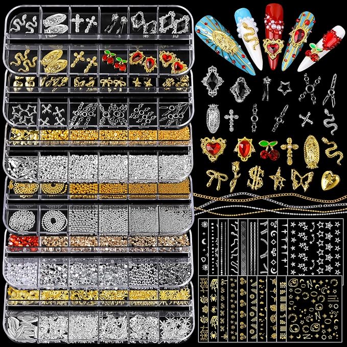 Teenitor Nail Charms and Gems with Nail Stickers, 6 Boxes Silver & Gold Nail Gems and Rhinestones Kit for Women, 3D Nail Art Rhinestones Nail Pearls, Caviar Beads for Nails,Y2K & Cross Nail Charms