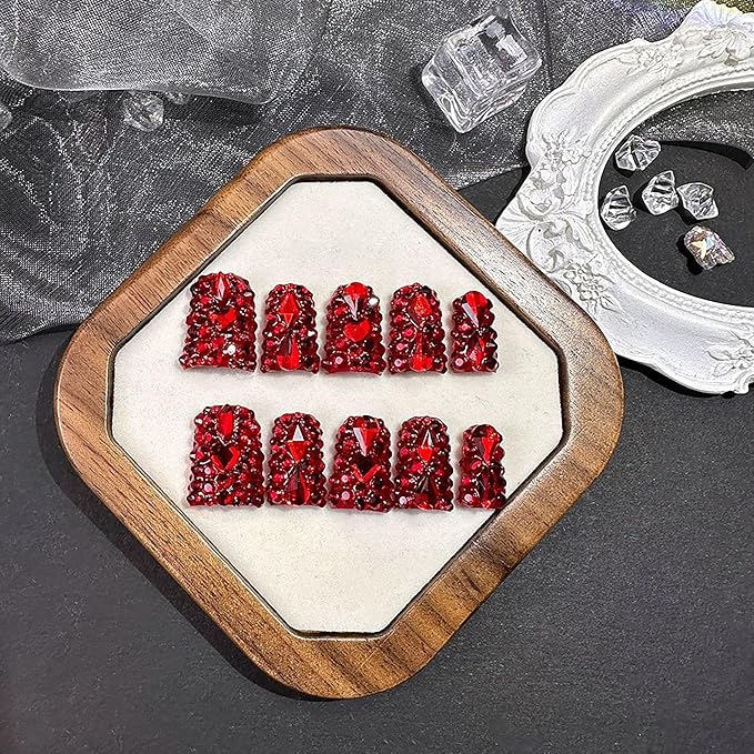 Short Duck Press on Nails Handmade Fake Nails Sparkly Red Rhinestones Full Cover False Nails with Designs Luxury Reusable Glue on Nail for Women 10Pcs(Size M)