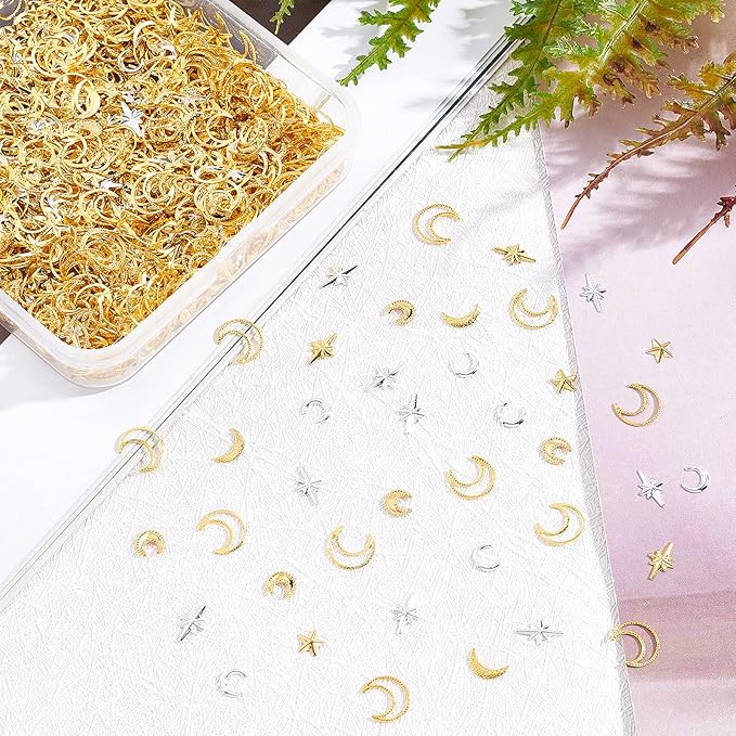 OLYCRAFT 1800Pcs Star Moon Resin Fillers Cosmos Theme Brass Charms Cabochons Hollow Moon Epoxy Resin Accessories Alloy Epoxy Resins Supplies Nail Art Decoration - Golden & Sliver