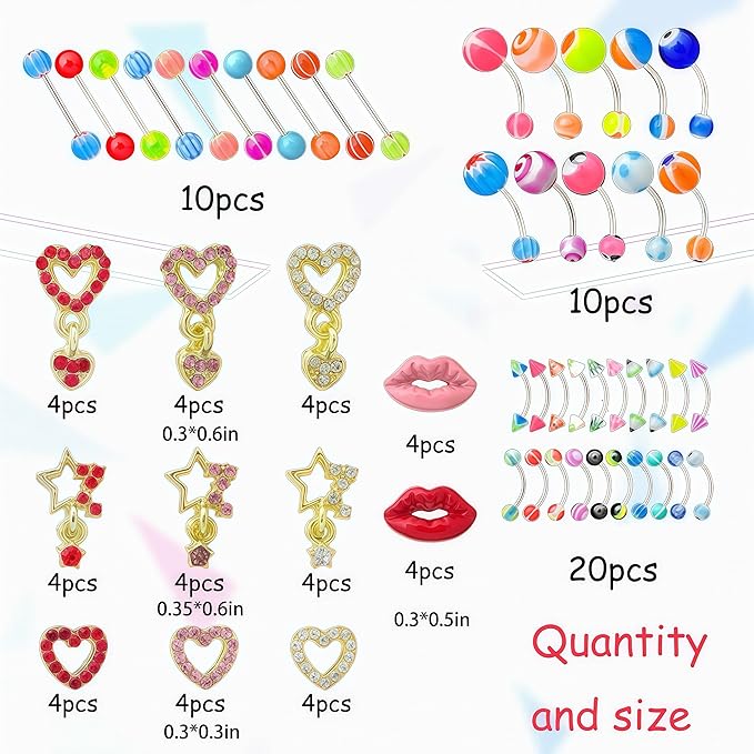 84PCS Nail Charms and Gems Gold Red Rhinestones for Nails Design，3D Heart Star Lip Piercing Y2k Nail Jewels Bulk Nail Art Decor Set