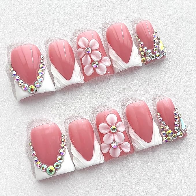 Luxury Press on Nails Short Duck Handmade 3D Unique Reusable ABS Material Fake Nails French Tip False Nails with Designs Flower Rhinestones White Glossy Glue on Nail Thick Acrylic Nail(S)