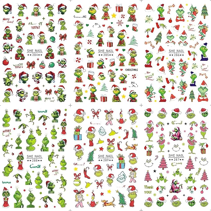 6 Sheets Christmas Nail Art Decals 3D Self-Adhesive Cartoon Xmas Nail Stickers Design WinterXmas Funny Green Monster Nail Decals Christmas Nail Decals Supplies for Women Nail Art DIY Manicure