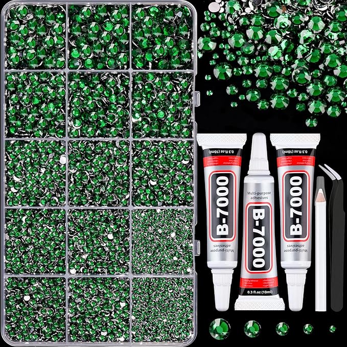 16000Pcs Resin Rhinestones for Crafting, Emerald Green Non Hotfix Flatback Gems, Bedazzling Crystal with 3Pcs 10ml B7000 Jewelry Glue for DIY Crafts Clothing Tumblers Shoes Fabric Nail Art