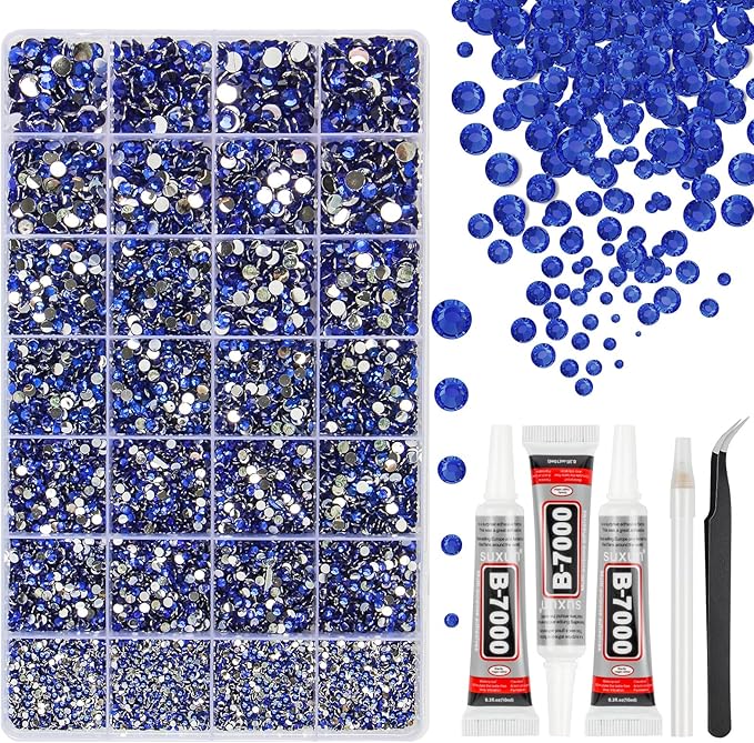 33000Pcs Sapphire Blue Resin Jelly Rhinestones for Bedazzling, 2-6mm Flatback Gems for Diamond Art, Bedazzler Kit with 3Pcs 10ml B7000 Jewelry Glue for Crafting Crafts Nail Art