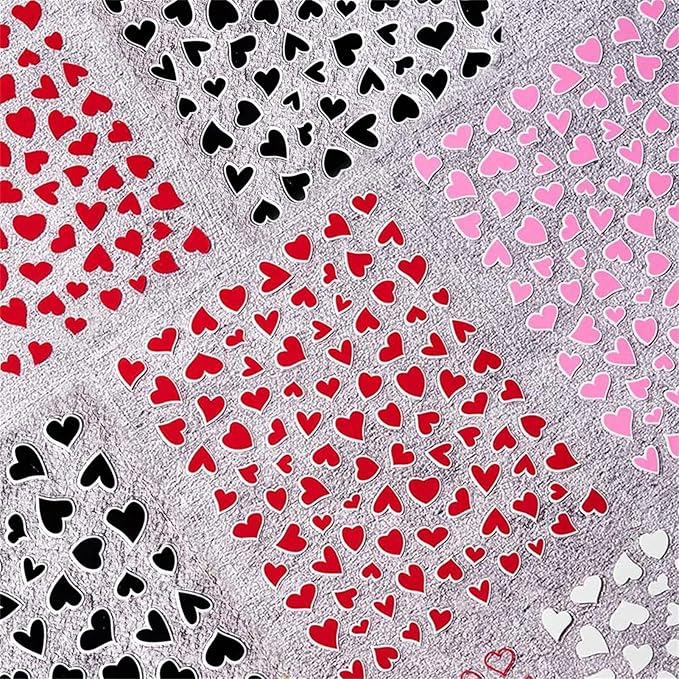 Valentine's Day Nail Art Stickers - Sexy White Border Heart Nail Decals, Self-Adhesive Black White Red Pink Love for DIY 3D Nail Supplies Decoration (6 Sheets)