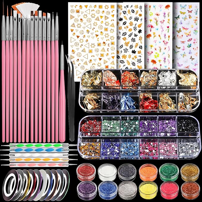Teenitor Nail Art Brushes Nail Art Tools, Nail Brushes for Nail Art Kit with Nail Stickers, Nail Design Tools Nail Design Brushes Nail Gems, Nail Stuff Dotting Tools Nail Art Stickers Nail Supplies