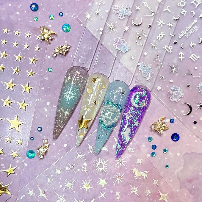 Daily Charme Celestial Bejeweled Holographic Self-Adhesive Nail Art Decal Sticker Bundle Moon Star Unicorn Zodiac Nail Art Designs for Women DIY Nail Decorations