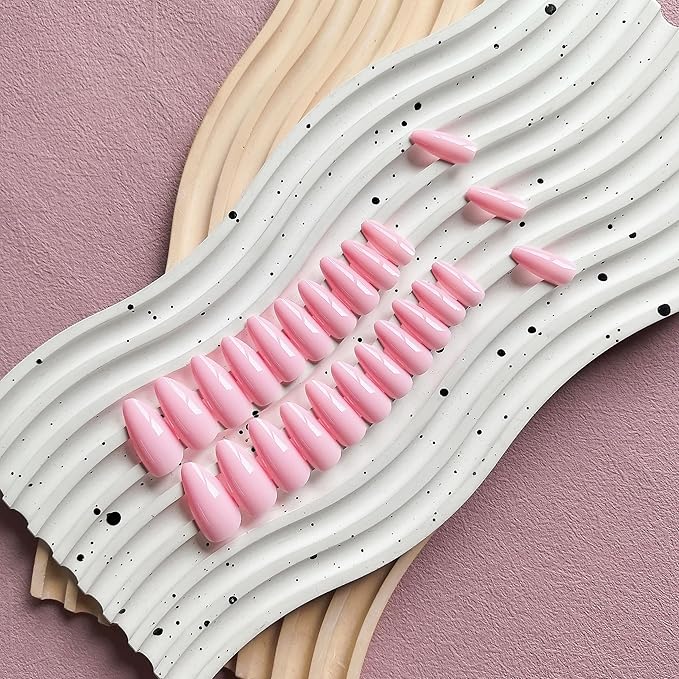Pink Press On Almond Shaped Medium Length Stiletto False Nails, Soft Gel Artificial Reusable Neutral Acrylic Nails for Women Girls